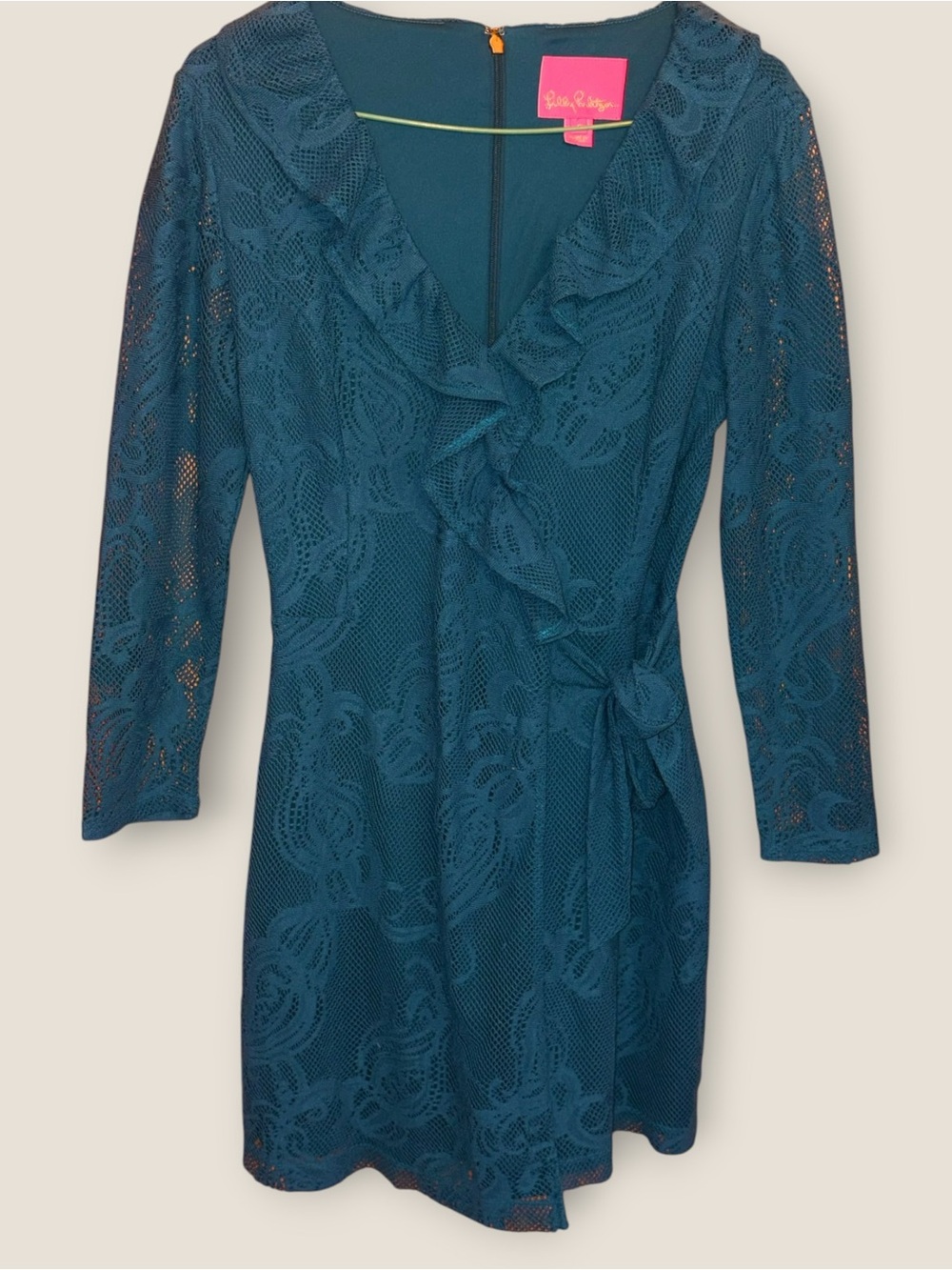 Lilly Pulitzer Teal Mesh Floral Lace 3/4 Sleeve Wrap Dress Romper